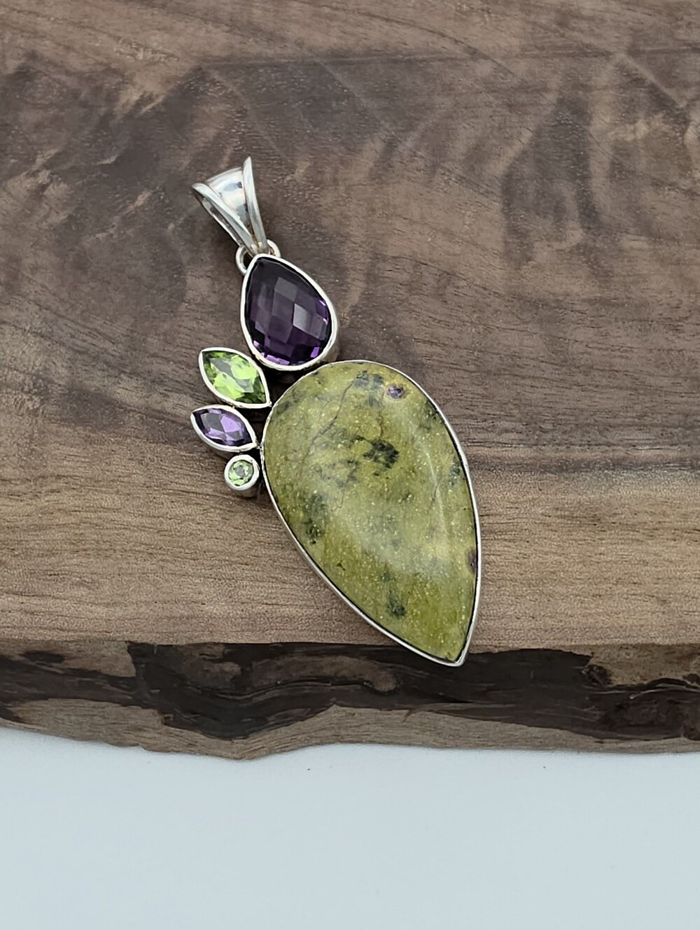 Vintage Atlantisite Amethyst Peridot 925 Sterling Silver Pendant Slide Enhancer